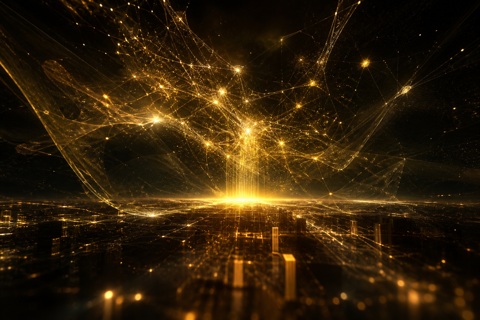 Abstract field of gold intelligence unfolding across a dark horizon